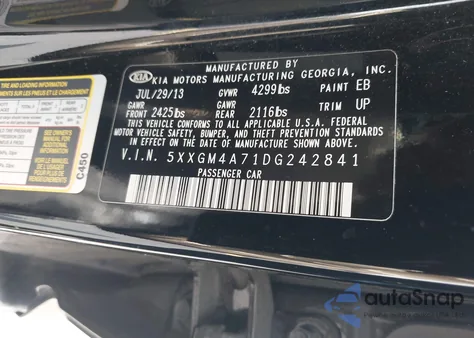 2013 Kia Optima Lx из США, поврежденный, VIN 5XXGM4A71DG242841